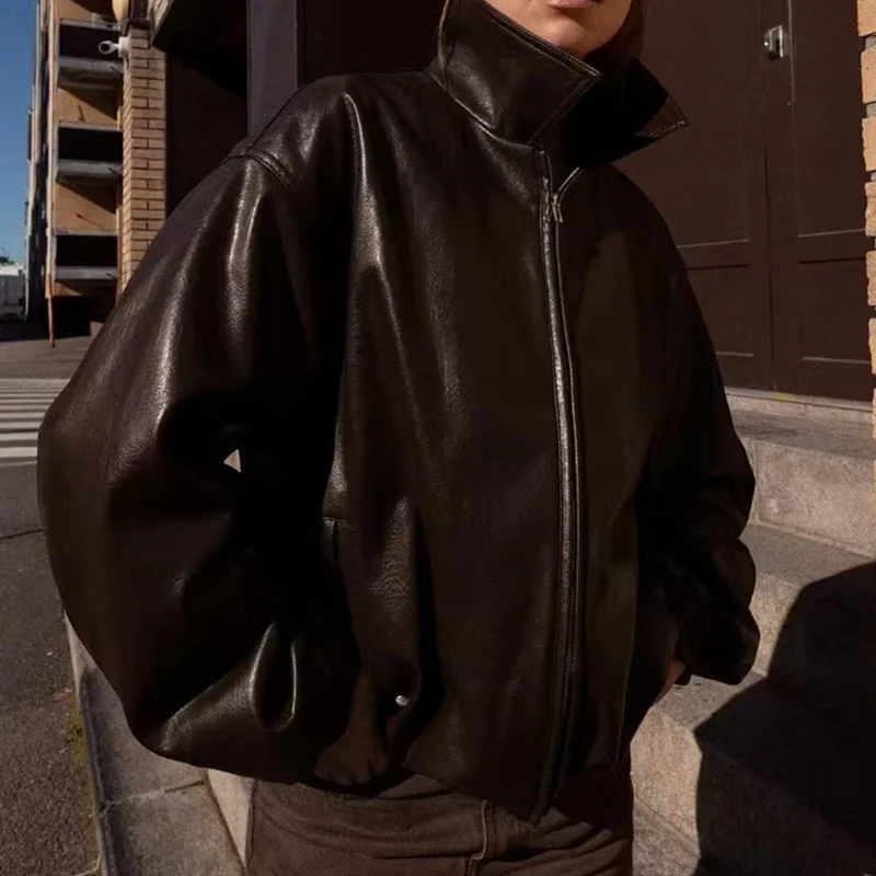 Women's Jacket 2025 New Fashion Autumn Winter Long-Sleeve Leather Jacket Loose Casual Chic Ladies Jacket