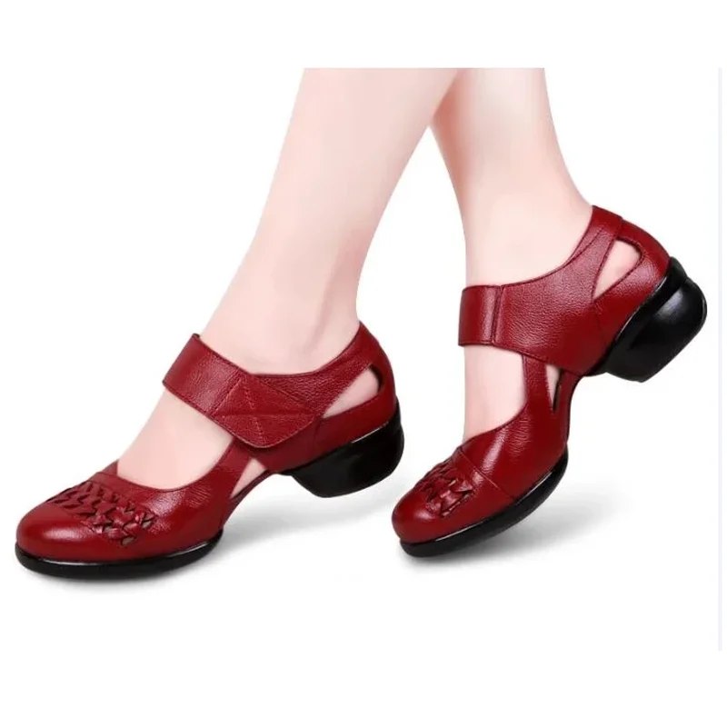 

2025 NEW Breathable Dance Shoes Soft Bottom Leather Square Shoe Female Sailor Women Shoes Mid Heel Adult Sneakers Hook & Loop