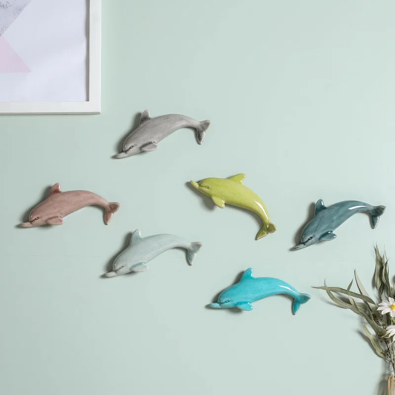 

Nordic Style Wall Decoration Pendant 3D Ceramic Dolphin Crafts Restaurant Living Room Office Background Decor Ornaments
