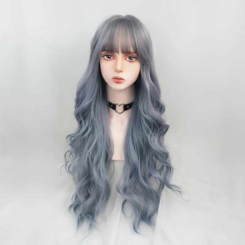 

Water dance wig long curly hair big waves haze blue purple gray highlights gradual change color full head cover