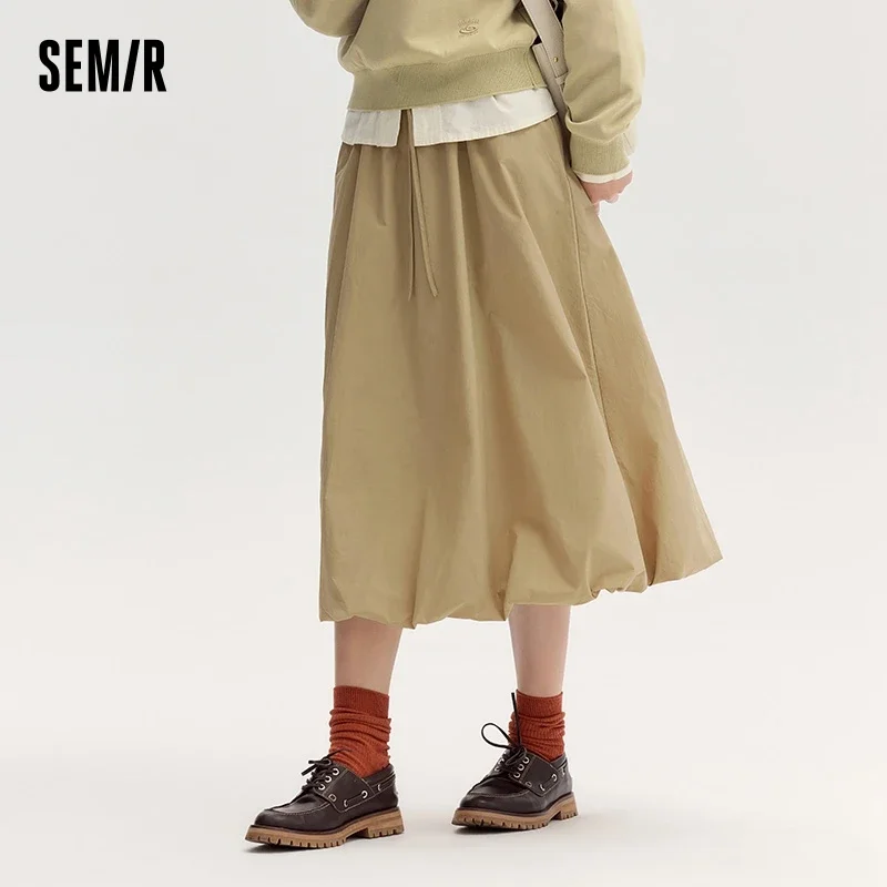 Semir Skirt Women High-Waisted Midi Skirt Loose Elastic Waist with Textured Fabric 2024 New Autumn Wide A-Line Skirt Elegant