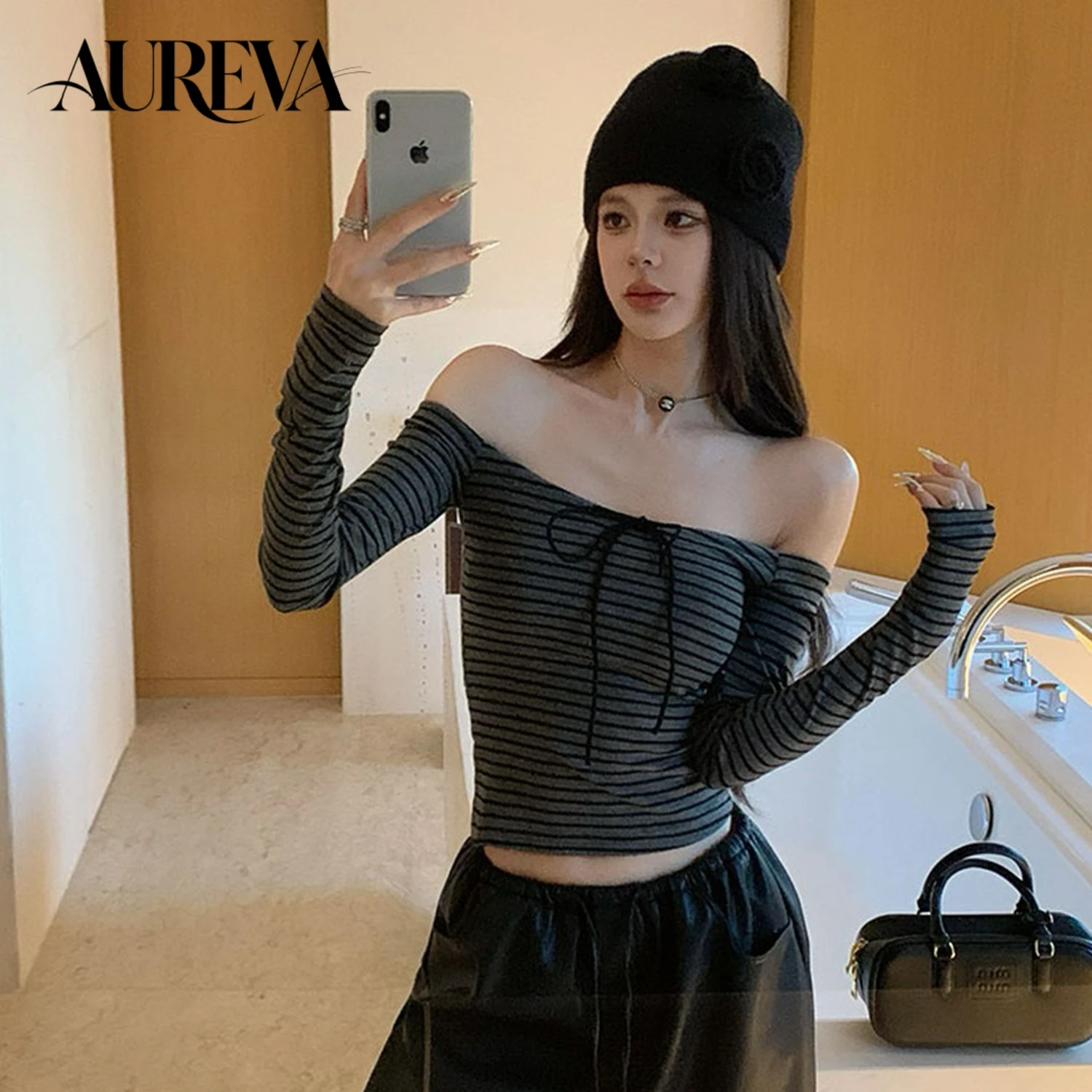 Pure Desire Spicy Girl Women's Cropped Top Grey Striped Long Sleeve T-Shirt One-Shoulder Off-Shoulder Slim Fit Exposed Zipper Au