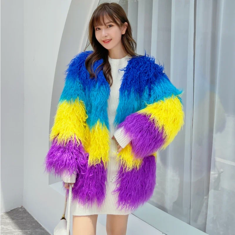 Rainbow Color Faux Mink Fur Coat Beach Wool Sky Blue Yellow Purple Contrast Striped Imitation Fox Fur Lamb Jacket Flcoking Tops