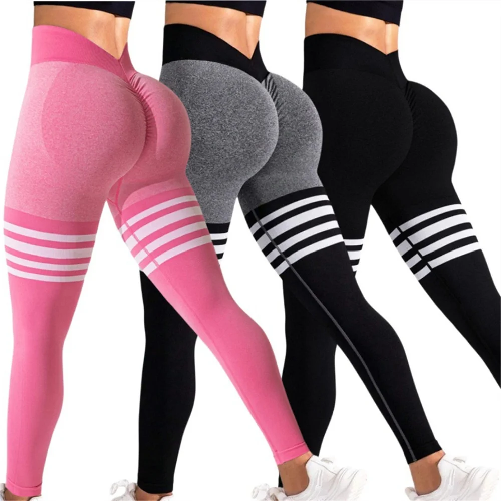 Women Seamless Stripe Yoga Pants High Waist Sexy Tummy Control Scrunch Butt Lifting GYM Workout Leggings Sports Fitness Clothing