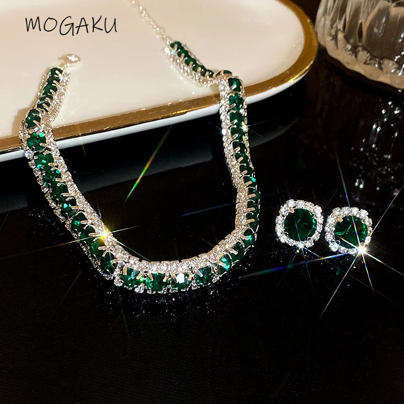 

MOGAKU Green Crystal Choker Necklace Earrings Sets for Women Charm Gold Color Round Necklace Bridesmaid Weddings Banquet Jewelry