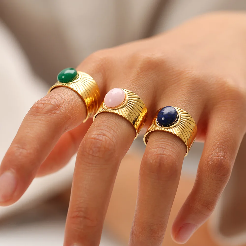 حلقات حجرية من الفولاذ المقاوم للصدأ للنساء حلقات كبيرة قابلة للفتح من الحجر الطبيعي الملون