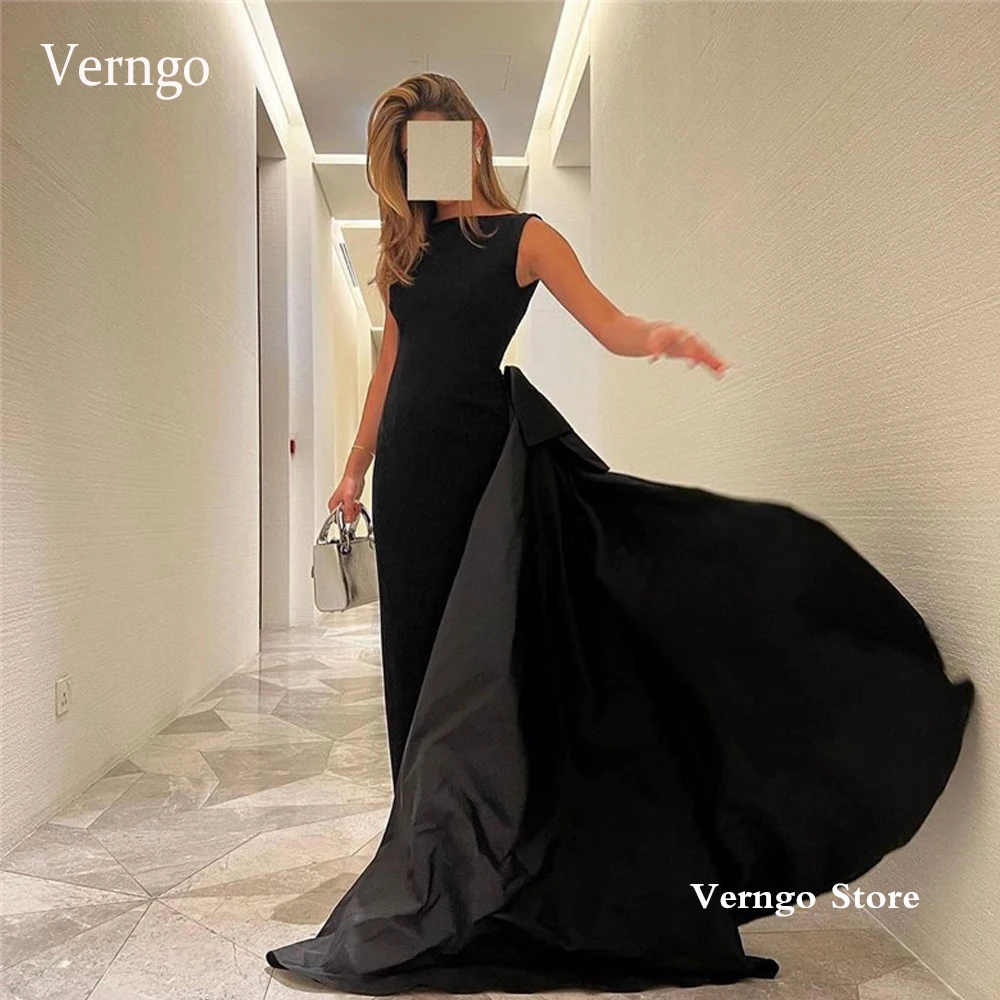 

Verngo Simple Black Crepe Mermaid Formal Evening Dresses With Taffeta Overskirt Backless Saudi Arabic Women Party Prom Gowns