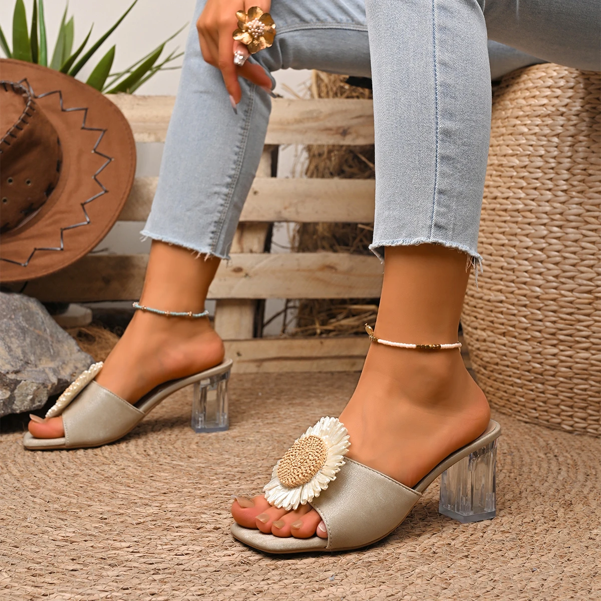 النساء أنيقة صنادل عالية الكعب الانزلاق على كعب منخفض 2025 الصيف أحذية أنيقة للنساء حفلة مريحة في الهواء الطلق عدم الانزلاق الصنادل #4