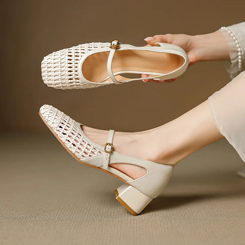 

High Heels Spring Women's Shoes Heel Medium Heel Fashion Shoes Woven Mary Jane Shoes Hollow Sandals