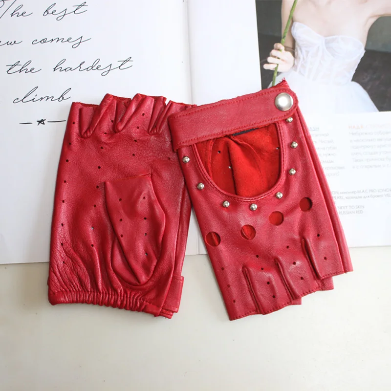 New Women's Sheepskin Half Finger Gloves Thin Style Unlined Rivet Style Colored Genuine Leather Driving Gloves
