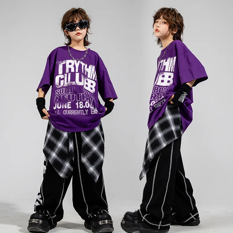 Jungen Hip Hop Tanz Kleidung Set Lila T-shirt Hosen Jazz Praxis Tragen Straße Tanzen Performance Outfit Bühne Kostüm