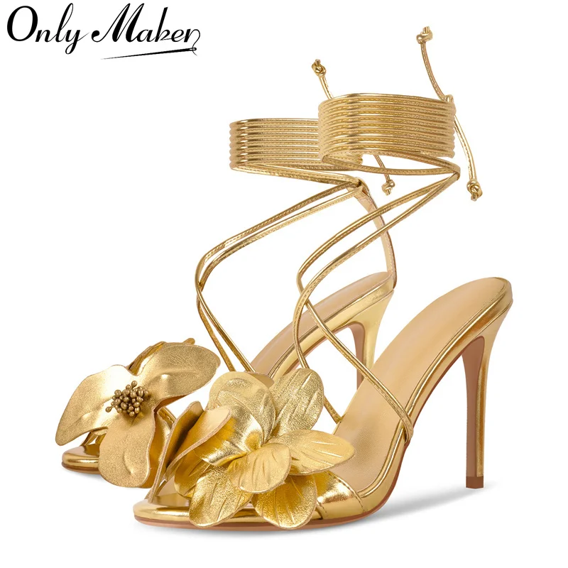 

Onlymaker Women Gold Flower Round Toe Stiletto Sandals Party Ankle Strap High Heel For Wedding Party Prom Bridal Sandals