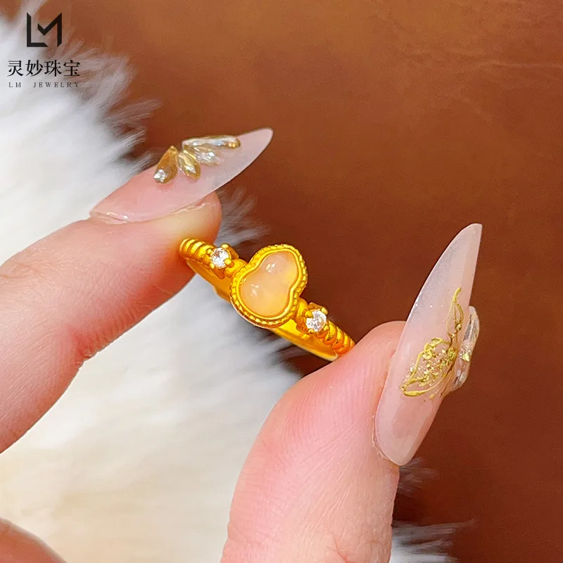 

9999 24K real gold luxury jewelry dot diamond white jade gourd, mohua jade, Fulu rings for women to give gifts