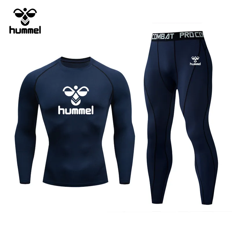 The New Brand HUMMEL Men\'s Compression Shirt Sports Running Tight Gym T-shirt Sports Set Exercise Quick Drying Top T-shirt