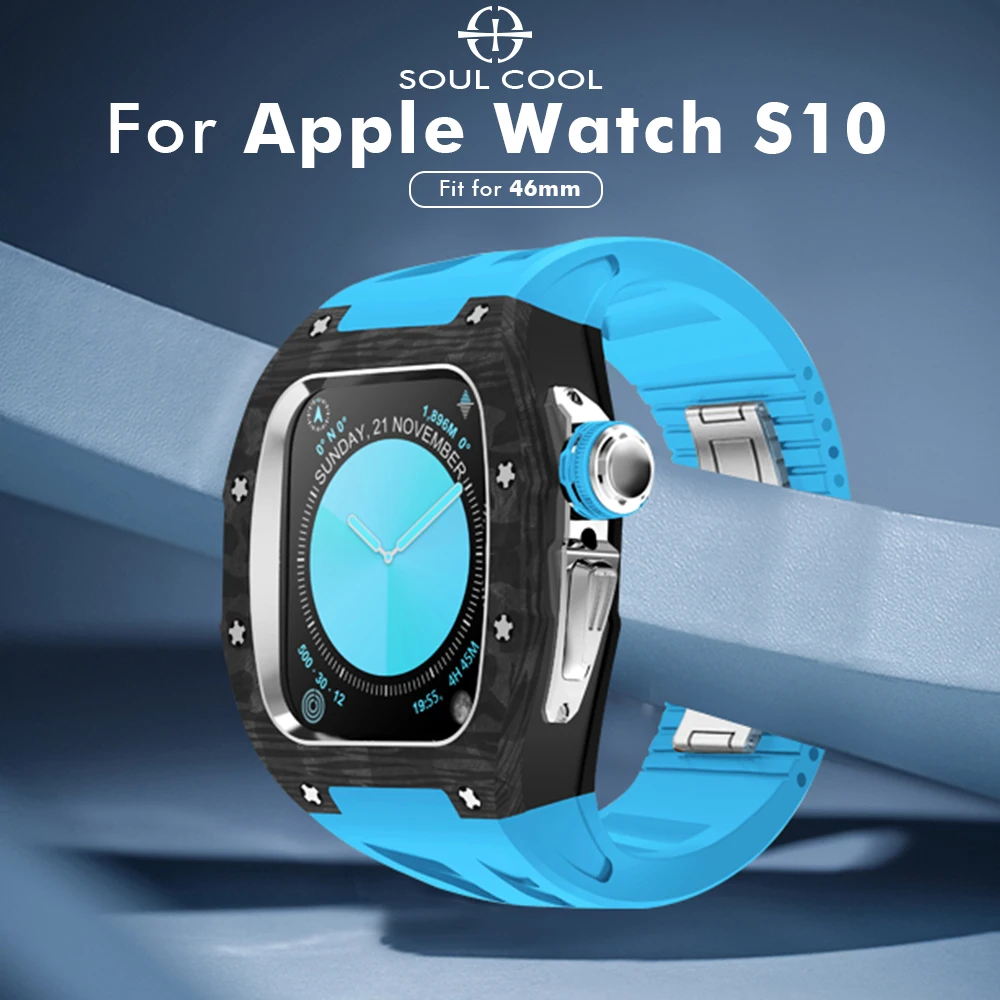 Press to Open, NEW For Apple Watch S11/10 46mm, Carbon Fiber Case Luxury Modification Kit, Fashion iWatch Fluorine Rubber Strap