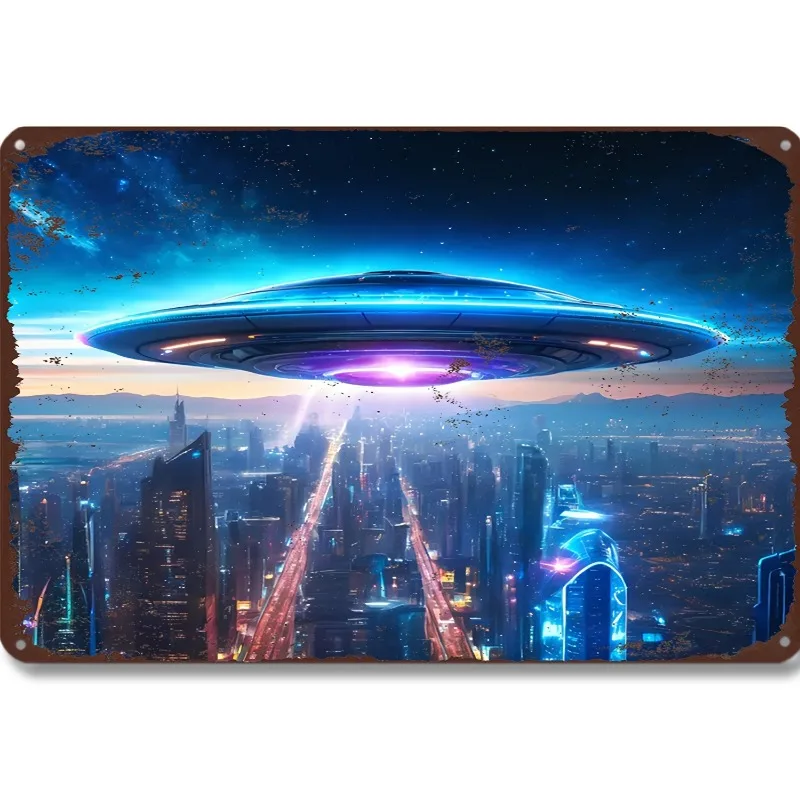 

UFO Over Cityscape Metal Tin Sign, 7.9x11.8"/11.8x17.7", Vintage Aluminum Wall Art, Multipurpose Home, Living Room, Bedroom