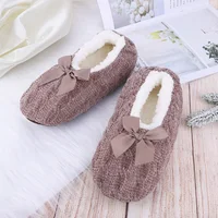 Ballerine pantoufle chaussettes antidérapantes tricot maison pantoufles avec nœud hiver chaud intérieur chaussures de sol confortable doux en peluche pantoufles pour les femmes 2
