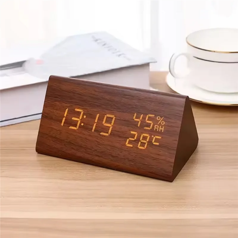 

A88E-LED Student Clock Simple Wooden Clock Temperature Display Sound Control Clock Desktop Home Decorative Ornaments