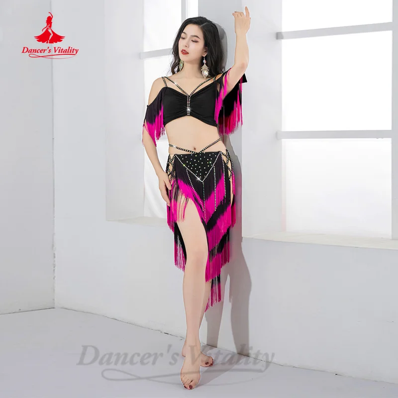 

Belly Dancing Performance Set Customized Light Luxury Rhinestone Top+Sexy Split Tassels Skirt 2pcs Women Oriental Dance Clothing