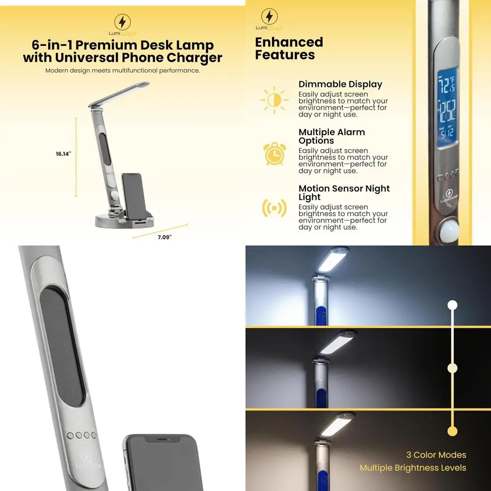 

Dimmable LED Desk Lamp with 10W Qi Wireless Charger, Charging Station, Motion Sensor, Calendar, Alarm, and USB Port