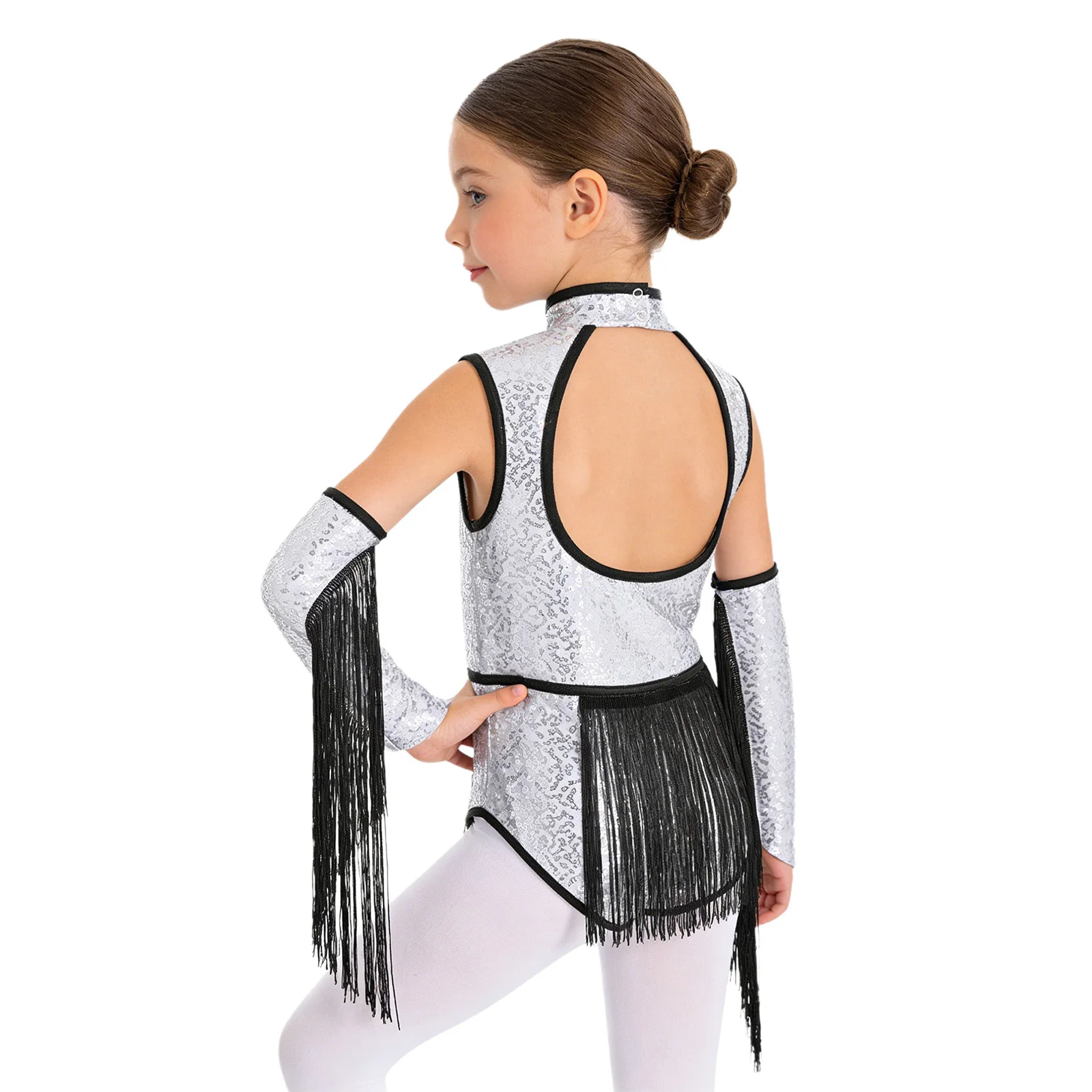 Kids Girls Latin Dance Outfit Sleeveless Cutout Tassel Color Block Sequin Leotard with Finger Fringed Gloves for Performance