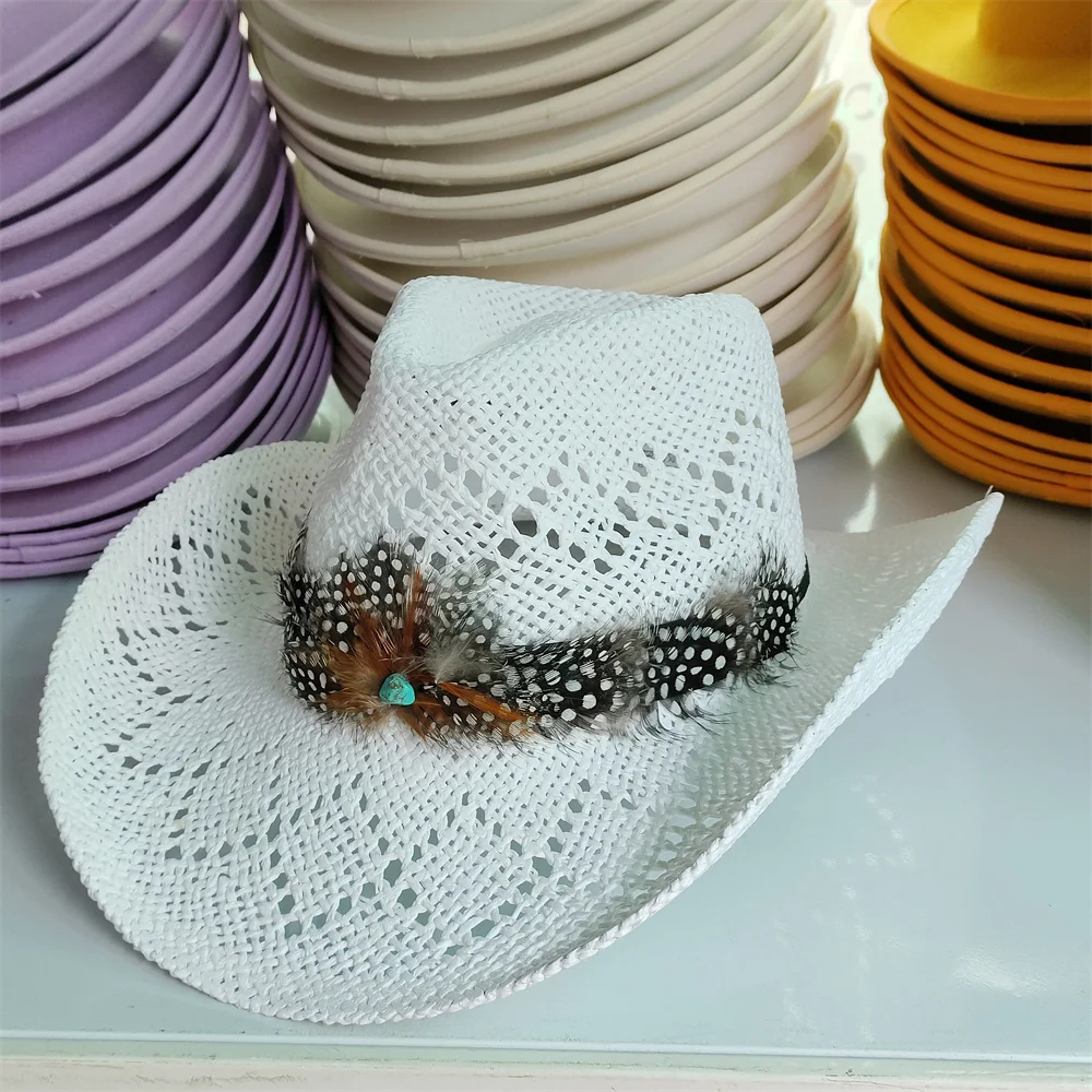 New Feather Accessories Cowboy Hats Raffia Hats Seaside Sun Shade Sunscreen Hollow Straw Hats Men\'s and Women\'s Hats sombrero
