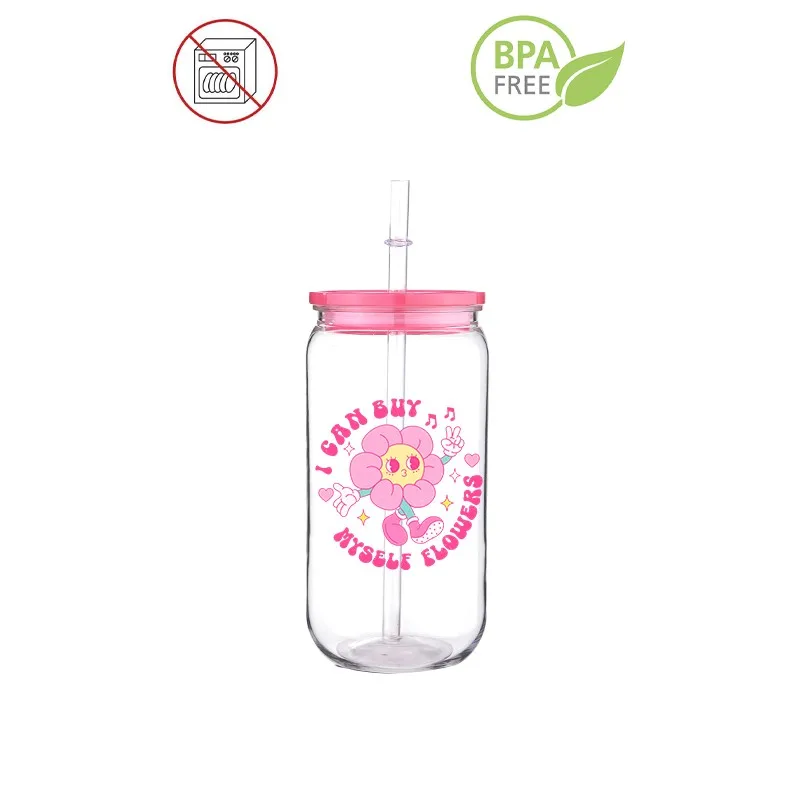 Self Love Flower Skull Printed Transfer BPA Free Plastic Straw Fashion Gril Cup Comes With Sreaw And Cup Lid Can Coffee 16 OZ