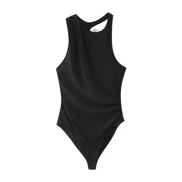 

New Women Summer Fashion Black Round Collar Sleeveless Hollow Out Folds Bow Decoration Female Sexy Asymmetric Jumpsuit