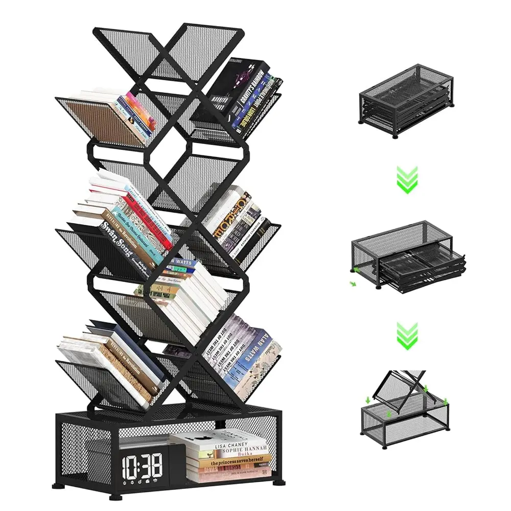 

9-Tier Space Saving Bookshelf With Storage,Bedroom Shelves Folding Bookshelves,No Installation Required Shelf Tree Metal