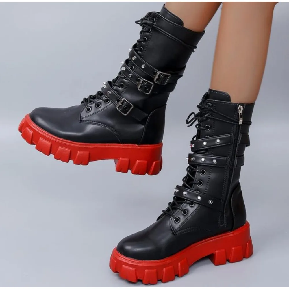 

New Mid Calf Women Autumn Winter Fashion Lace-up Zipper Botas Mujer Boots Sports Platform Heel Ladies Shoes Knee High Boots