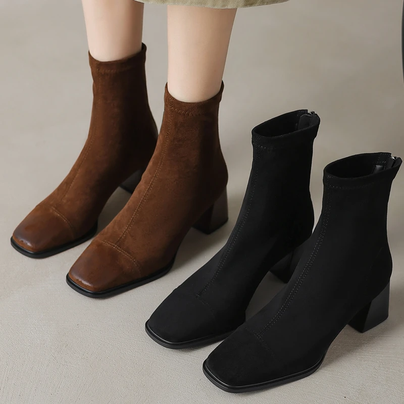 

Autuspin Winter Brown Ladies Chelsea Boots High Quality Flock Nubuck Leather Women Retro Basic Square Toe High Heels Warm Shoes