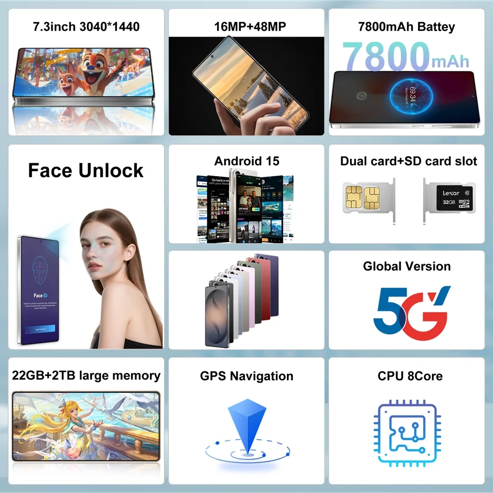 K-Touch New Smartphone Android For S26 Ultra 5G Cell Phone 7.3 Inch Full Display Mobile Phones 48MP Camera 22GB+2TB 7800mAh Battery Unlocked Android 15 Cell Phone with FM Radio GPS