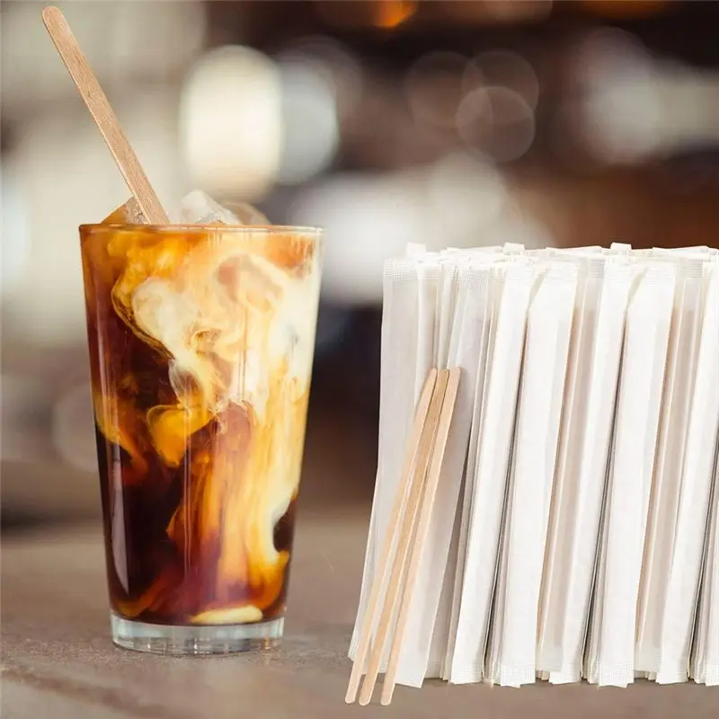 ABUN Wood Stir Sticks, 500Pcs Disposable Coffee Stirrers, Individually Wrapped, 5.5 Inch Birch Wood Stir Sticks for Coffee Bar