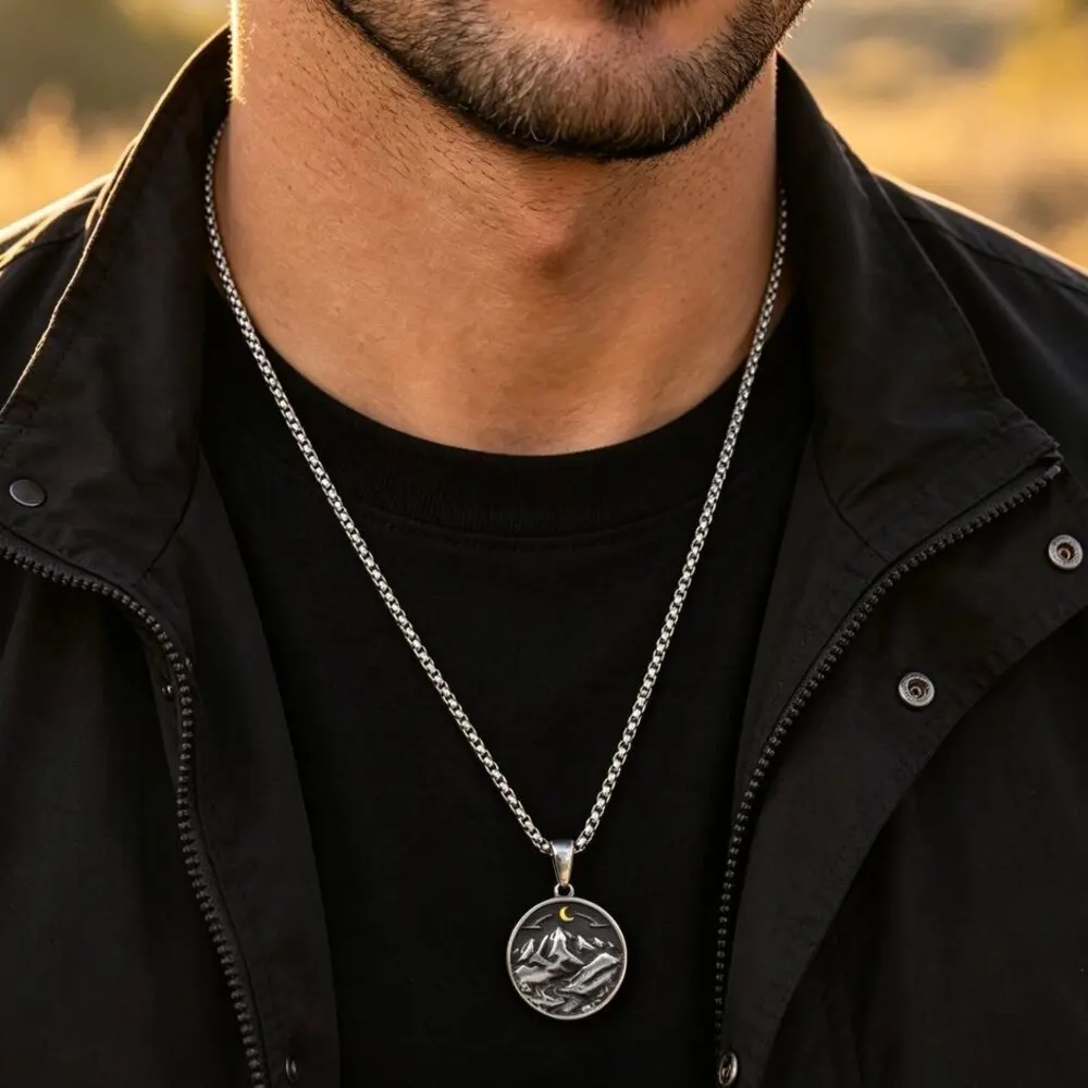 Vintage Mountain River Round Pendant Necklace for Men,Stainless Steel Grey Landscape Charm Nature Necklaces,Punk Jewelry Gift