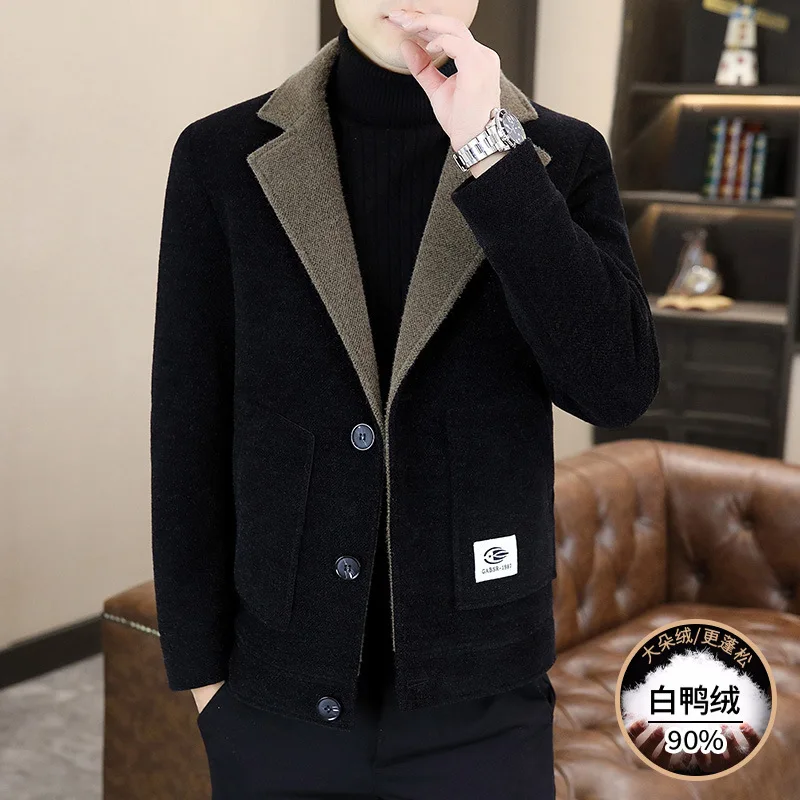 2025 Men's, fashionable and casual, lapel-neck versatile short loose, woolen color-matching jacket