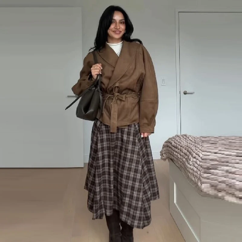 Women Plaid Asymmetrical Midi Skirt High Waist A Line Belted Irregular Hem Checkered Long Skirt Autumn Streetwear