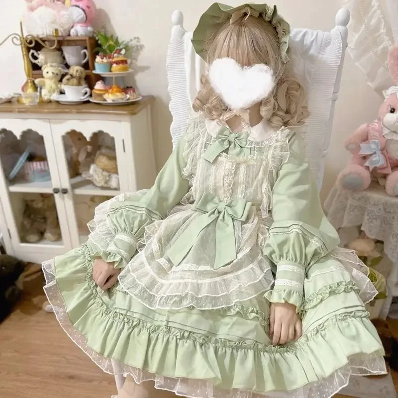 

Vintage Elegant Lace Mesh Bow Green Dresses Harajuku Victorian Girly Tea Party Dress Sweet Lolita Princess Dress Women 2025
