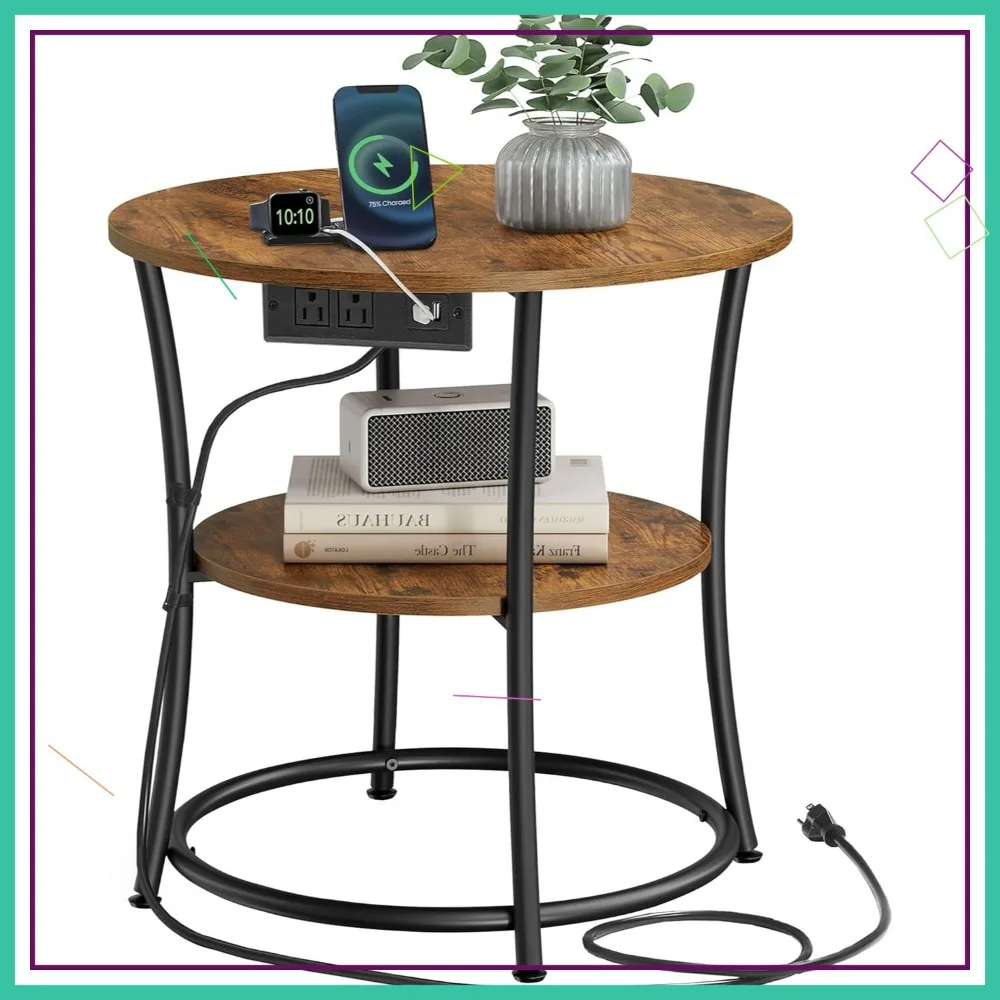 

2-Tier Round End Table with Power Outlets, Steel Frame Nightstand for Living Room and Bedroom in Rustic Brown