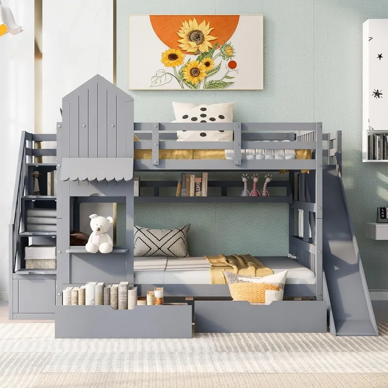 

Harper & Bright Designs Full Over Full Bunk Bed with Stairs and Slide, Solid Wood Bunk Bed Frame with Storage Bookshelves