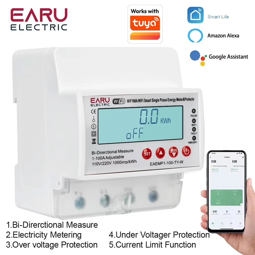 Tuya WiFi Smart Circuit Breaker Over Under Voltage Protector Current Limit Relay Switch Bi-Directional Energy Power kWh Meter
