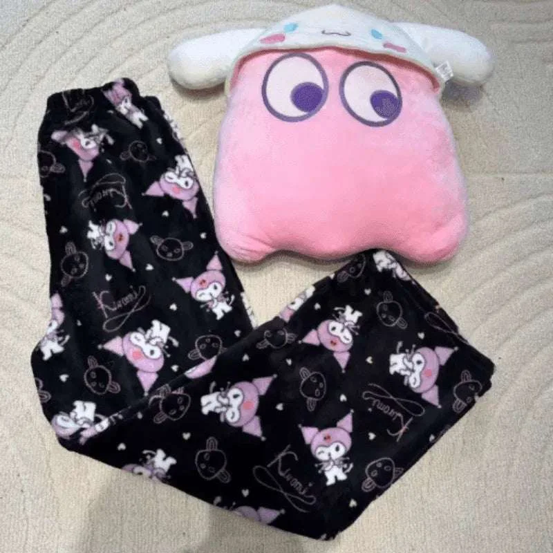 New Men Women Kuromi Flannel Pajama Pants Autumn Winter Warm Soft Loungewear Trousers Cute Star Cartoon Print Couple Home Wear
