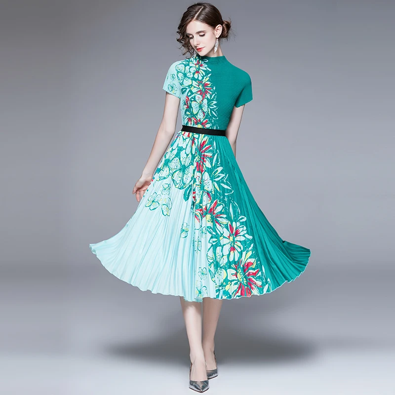 Elegant Summer Flower Two Piece Set Women Stand Collar Knitted BlueTops + Elastic Waist Floral Print Pleated Long Skirts Suits