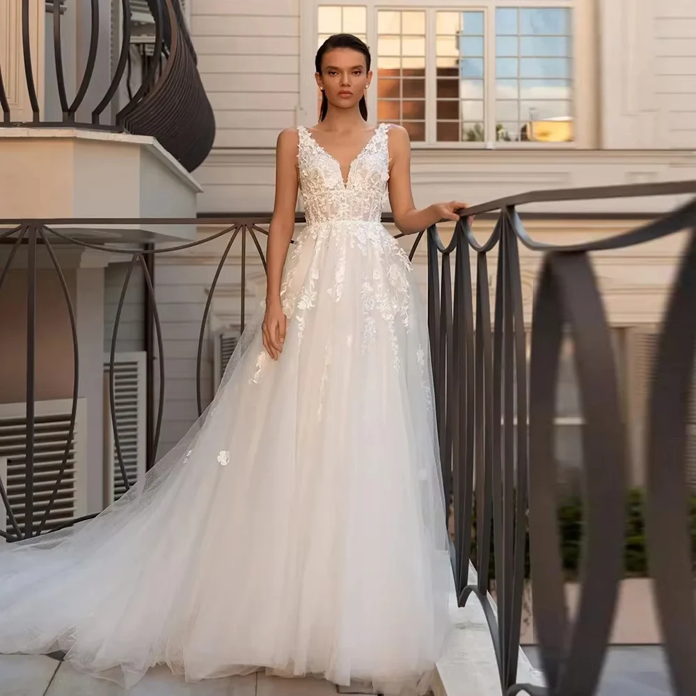 

Elegant Tulle Women Wedding Dresses Sexy V-Neck A-Line Bridal Gowns Princess Engagement Ball Vestidos De Novias 2025 Customized