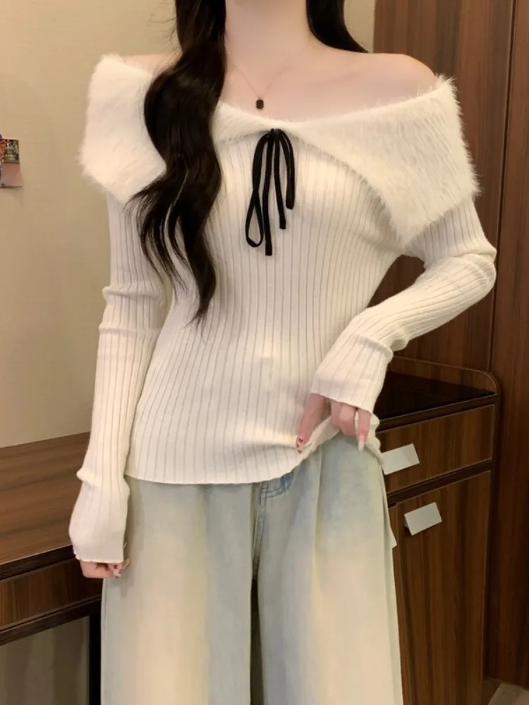 Afslankende paarse trui Damesmode met blote schouder en splitsontwerp Winter Nieuwe Sle Mooie kleine top Ciwalk Wollen