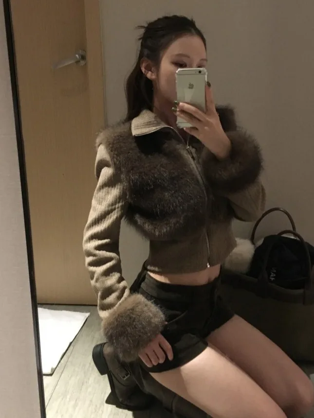 Retro Jesienno-Zimowy Płaszcz z Imitacji Futra, Dzianinowy, z Naszywkami, Dopasowany Krój, Damski, Elegancki, Wszechstronny, Ciepły, Rozpinany Kardigan lub Odzież Wierzchnia