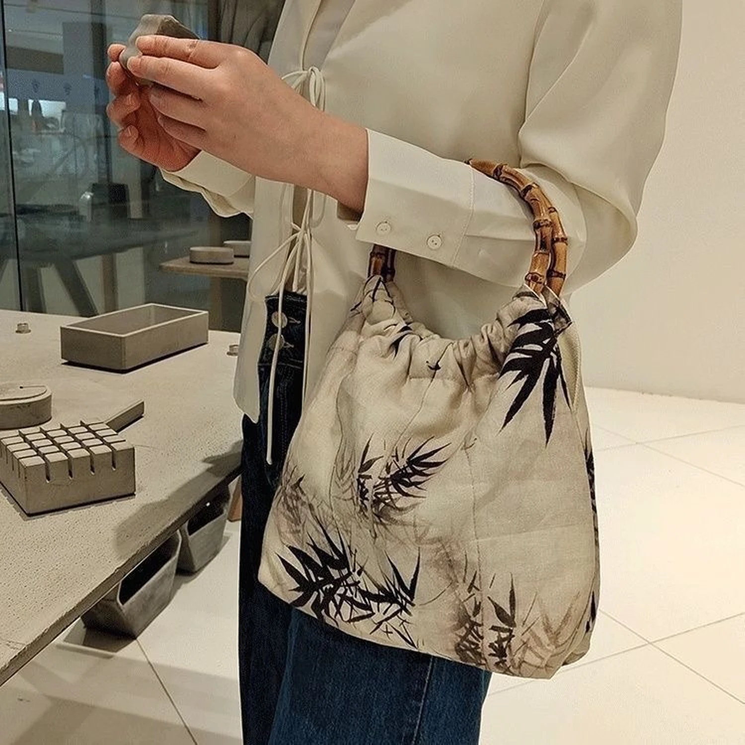 

New Chinese Sle Bamboo Le Print Canvas Bag Women's Handbag Dstring Closure Soft Square ape Lightweight Tote Bag