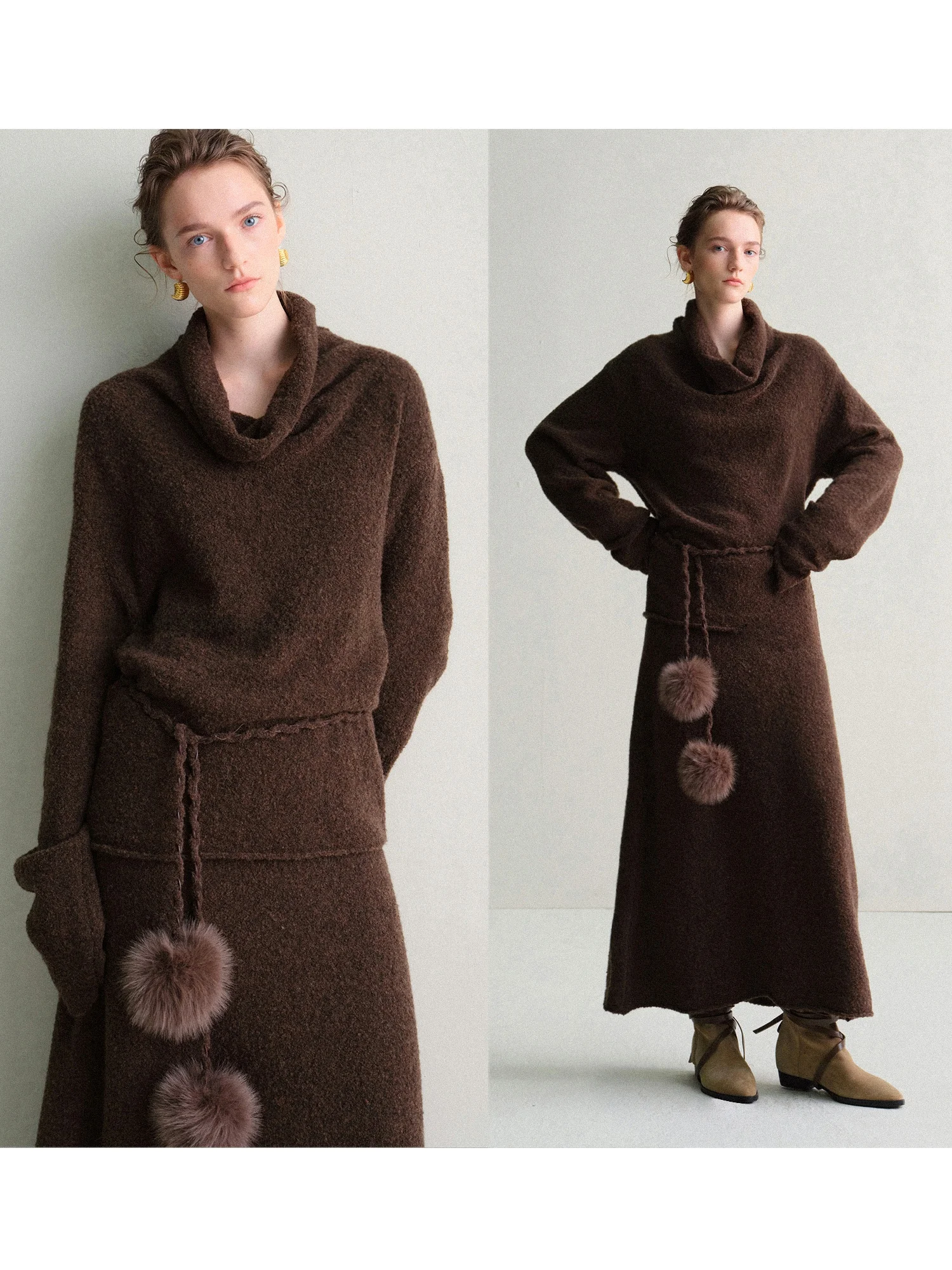 

Women's Wool Blend Knitted Set with Faux Fur Ball Waist Hanging f High Collar A-Line Skirt Casual Sle Winter Outfit