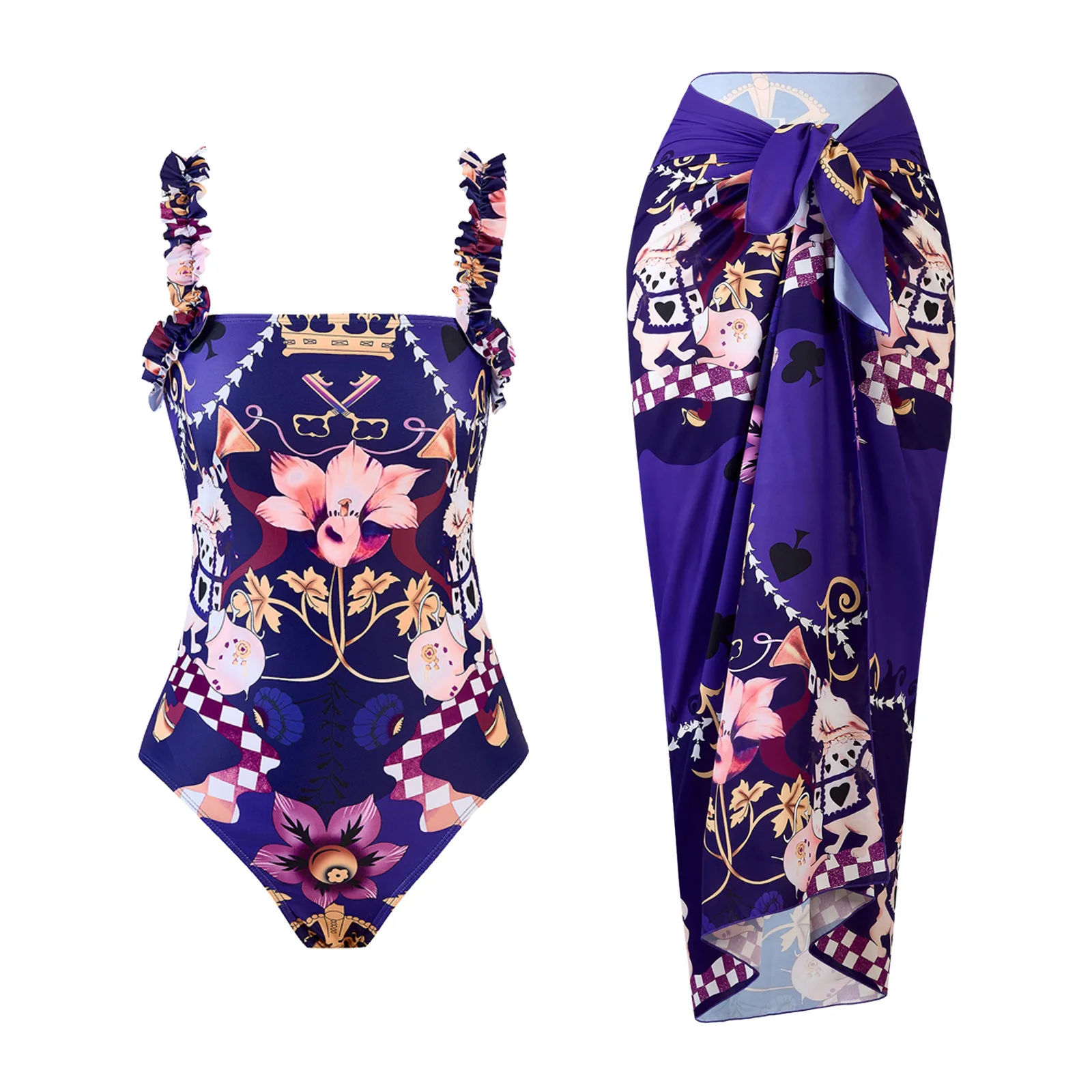 

Sexy Purple Printed Woman Swimsuit Fashion Two Piece Bikini Swimsuits 2025 Elegant Ruffled Swimwear with Chiffon Cover Up Skirt