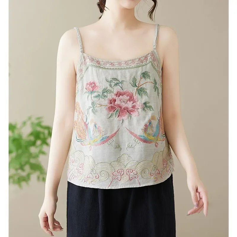 Women New Chinese Style Camisole Heavy Embroidery Peony Phoenix Retro Adjustable Strap Sleeveless Tank Top