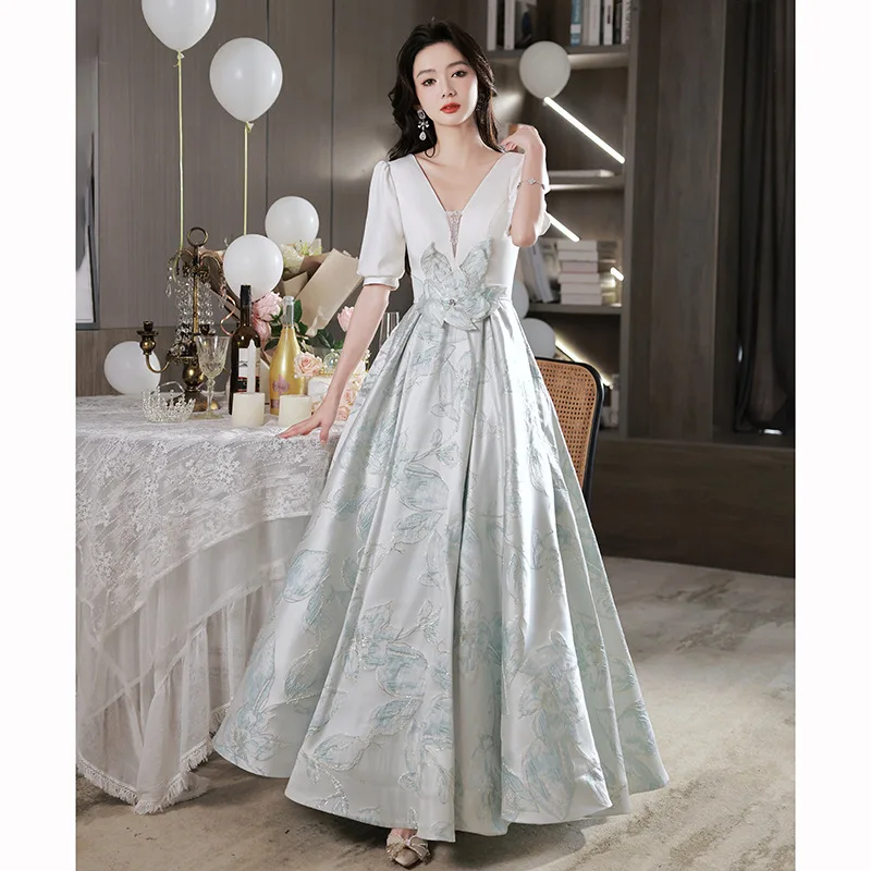 French Style White Banquet Evening Dress Women V-Neck Appliques Patchwork Homecoming Dresses Exquisite Elegant Graduation Gown